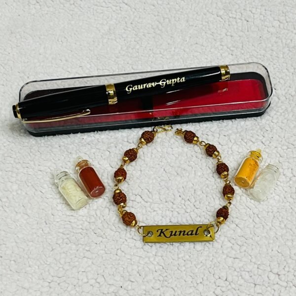 personalised-rudraksh-bracelet-rakhi-and-roller-pen-combo